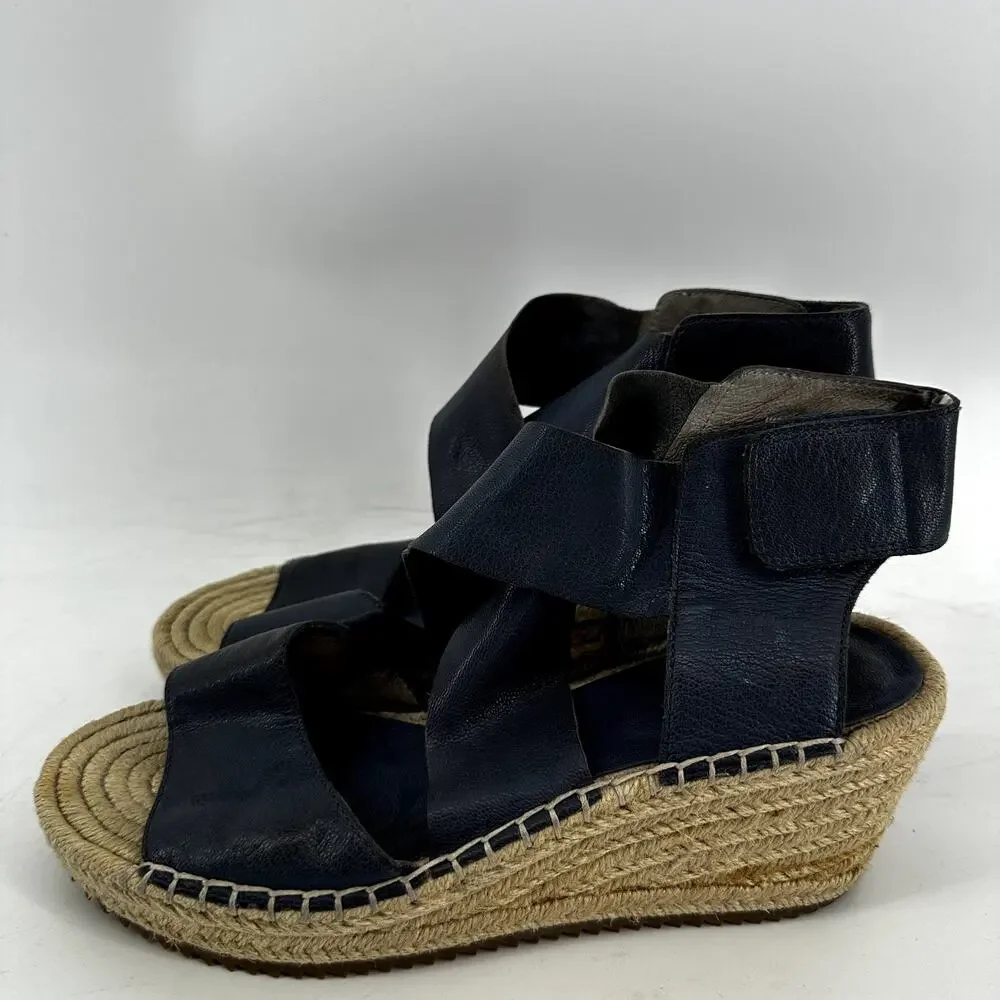 Eileen Fisher Willow Espadrille Sandals Wedge Strappy Tumbled Leather Black 7